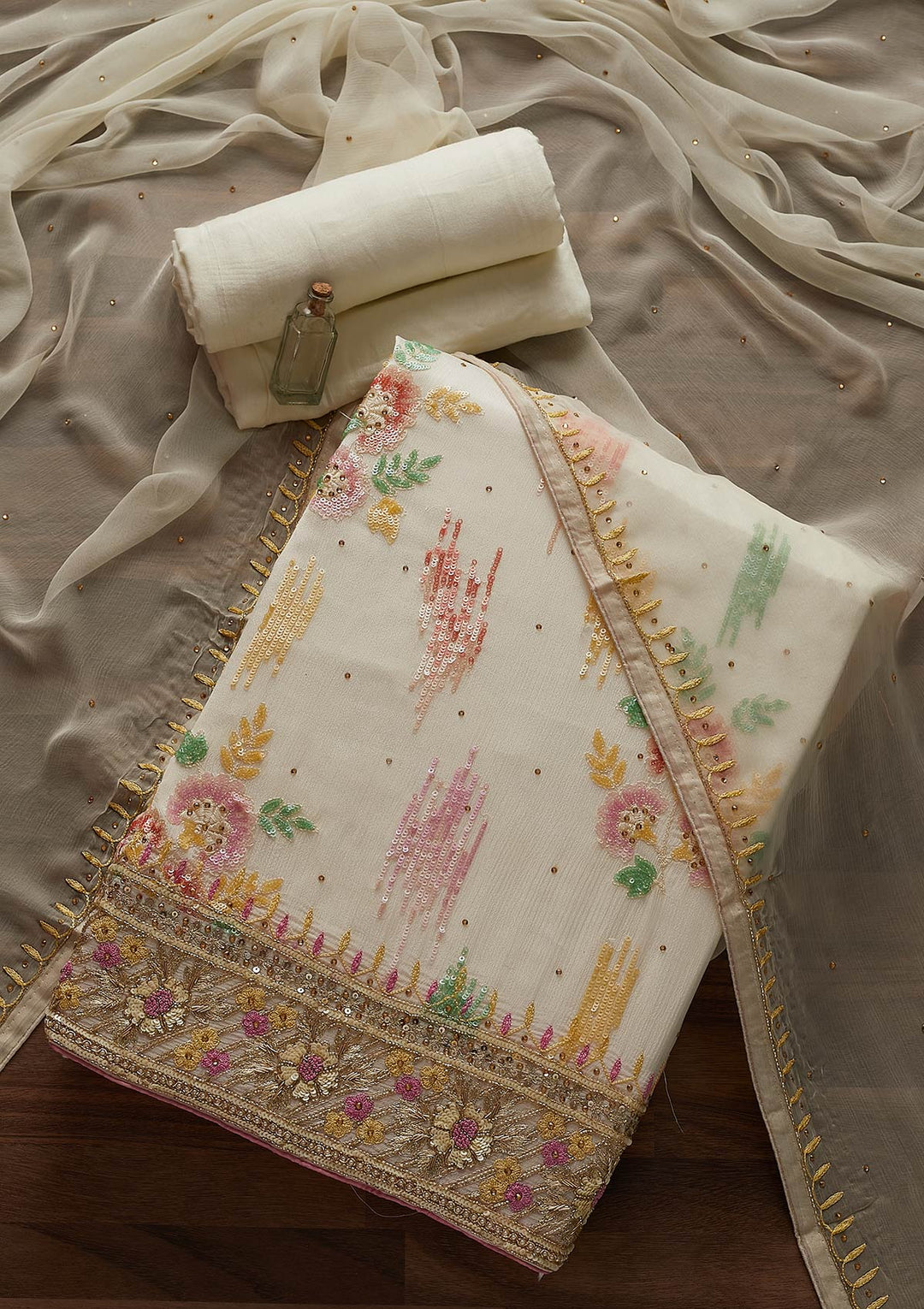 Cream Sequins Semi Crepe Designer Unstitched Salwar Suit - Koskii