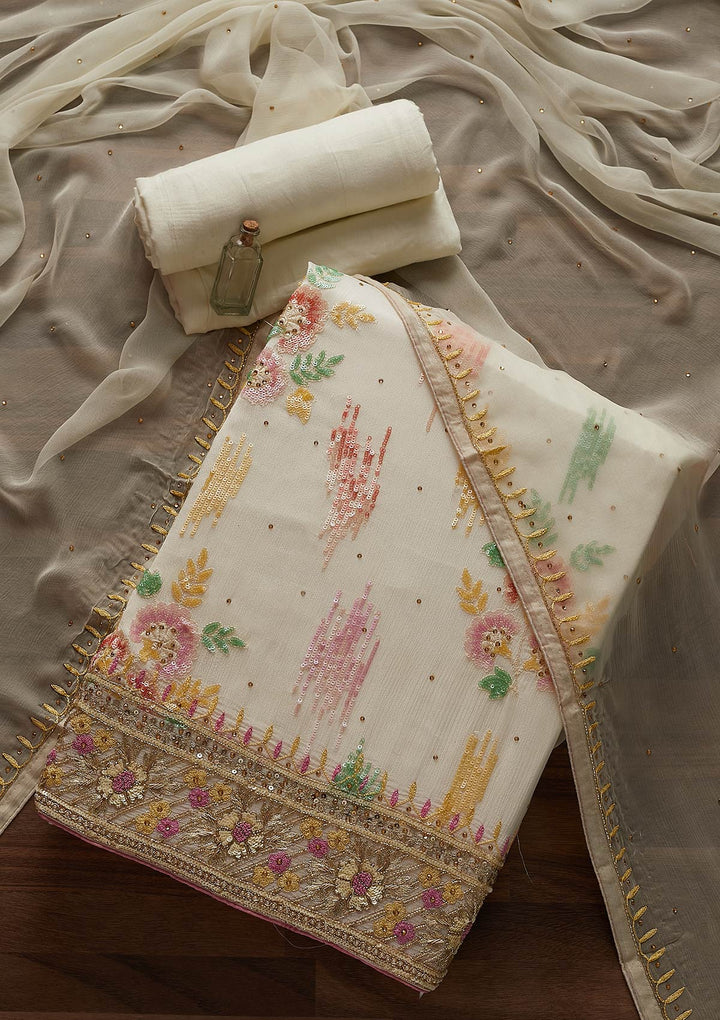 Cream Sequins Semi Crepe Designer Unstitched Salwar Suit - Koskii