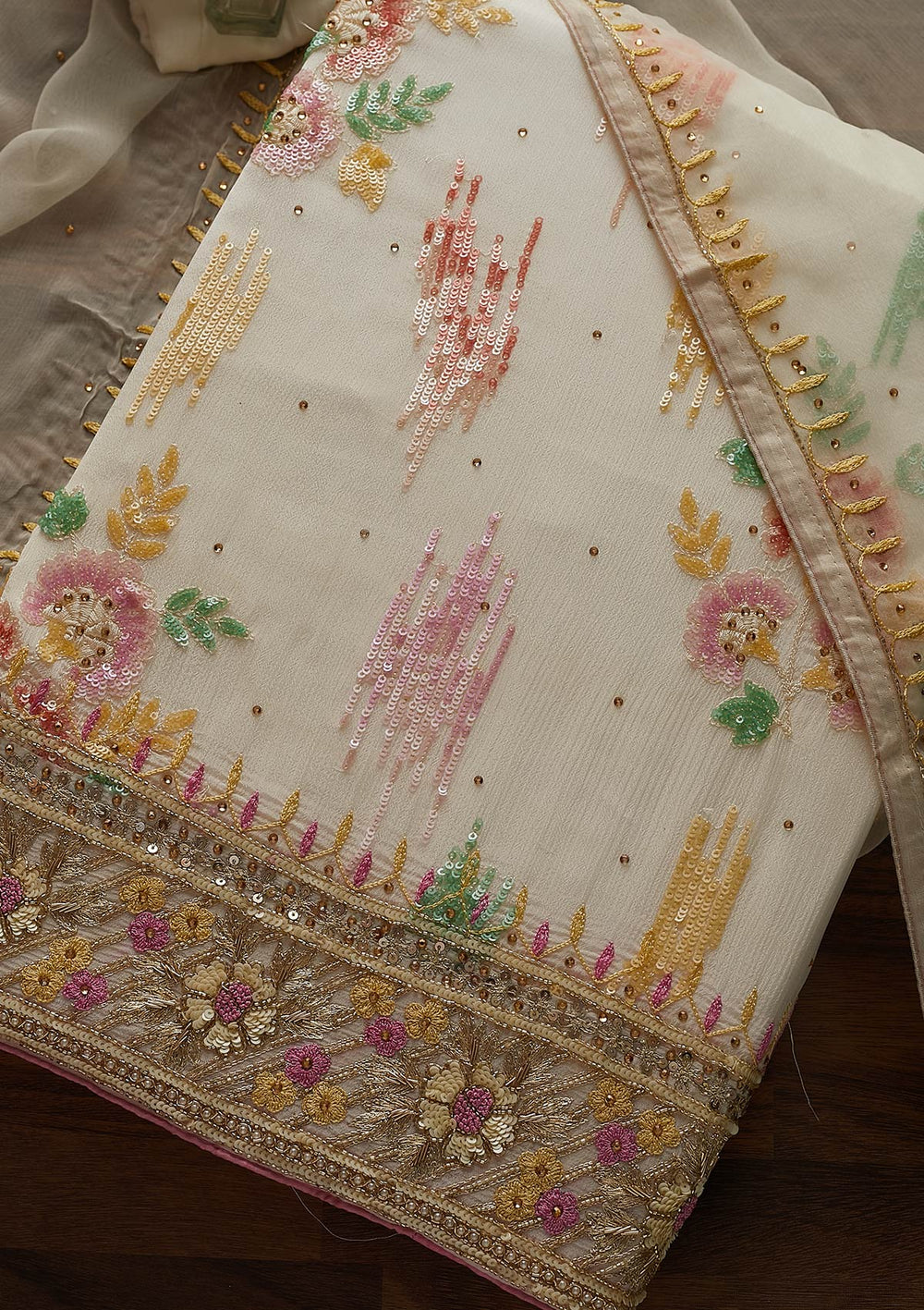 Cream Sequins Semi Crepe Designer Unstitched Salwar Suit - Koskii