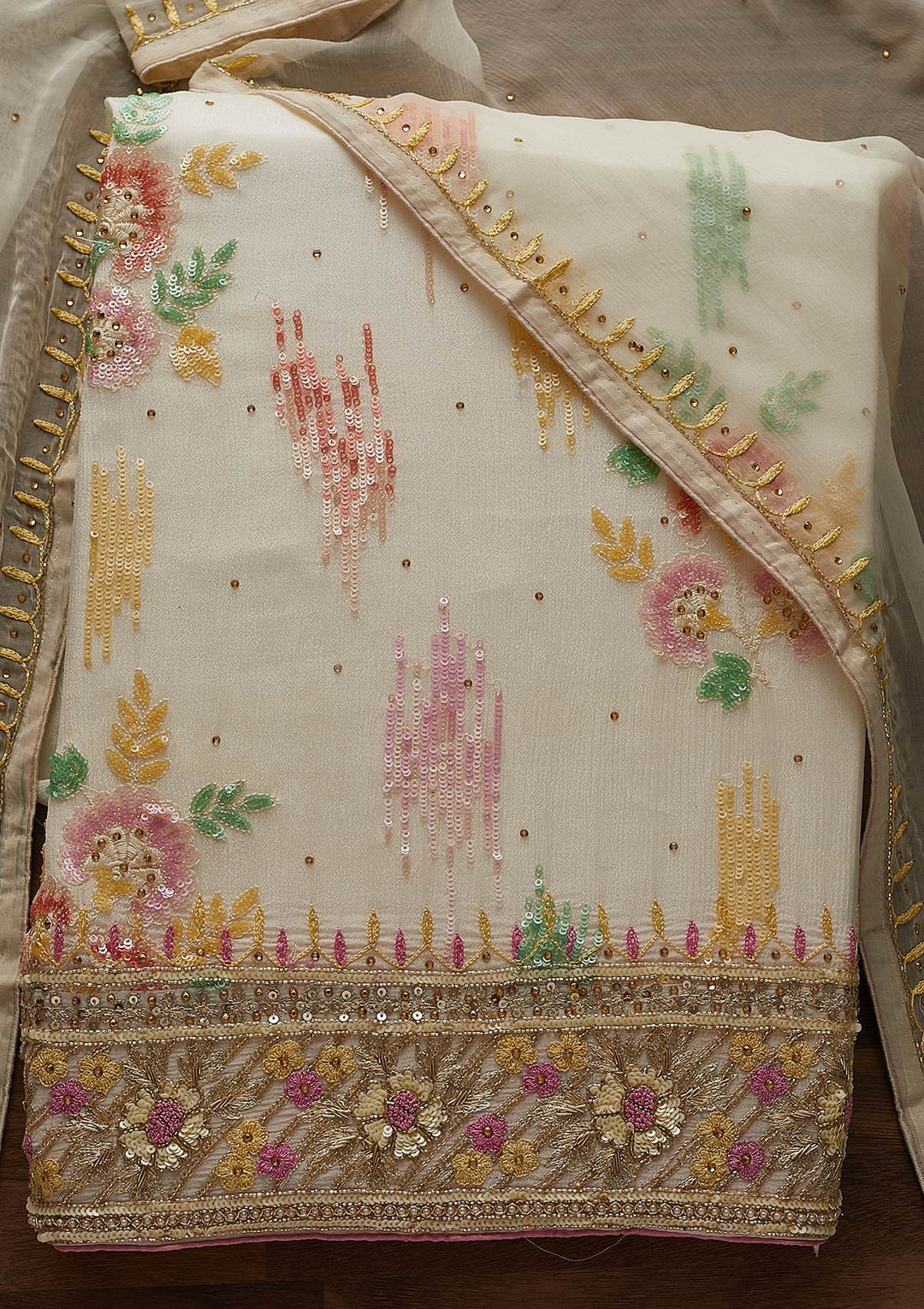 Cream Sequins Semi Crepe Designer Unstitched Salwar Suit - Koskii