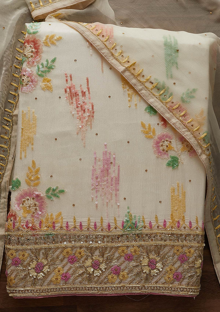 Cream Sequins Semi Crepe Designer Unstitched Salwar Suit - Koskii