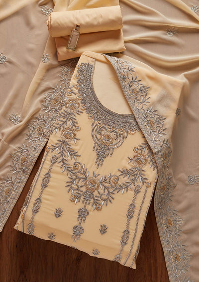 Cream Silver Stonework Georgette Designer Unstitched Salwar Suit - koskii