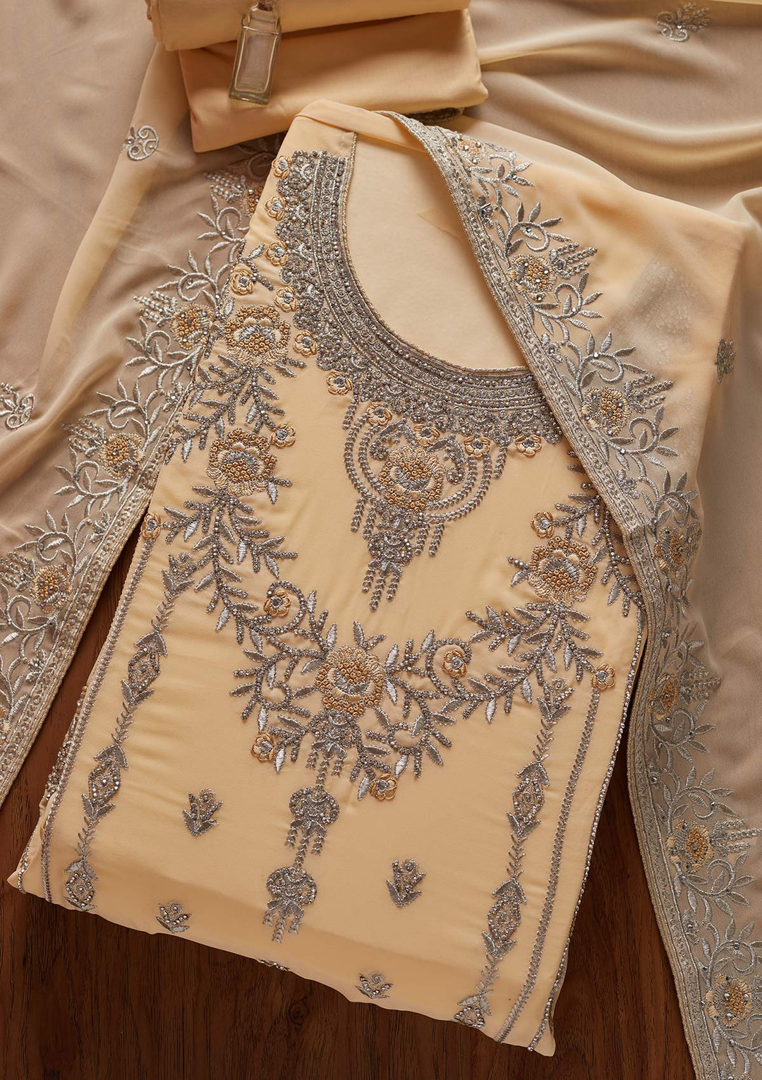 Cream Silver Stonework Georgette Designer Unstitched Salwar Suit - koskii