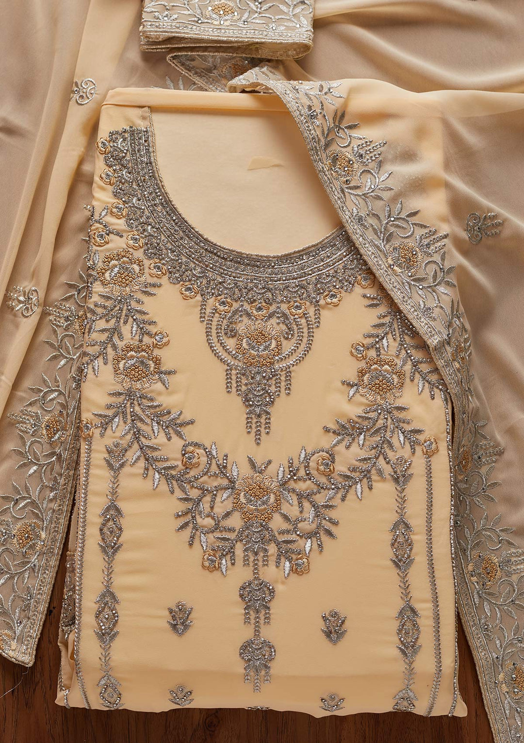 Cream Silver Stonework Georgette Designer Unstitched Salwar Suit - koskii