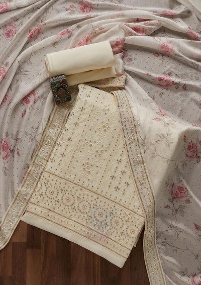Cream Silver Stonework Georgette Designer Unstitched Salwar Suit - Koskii