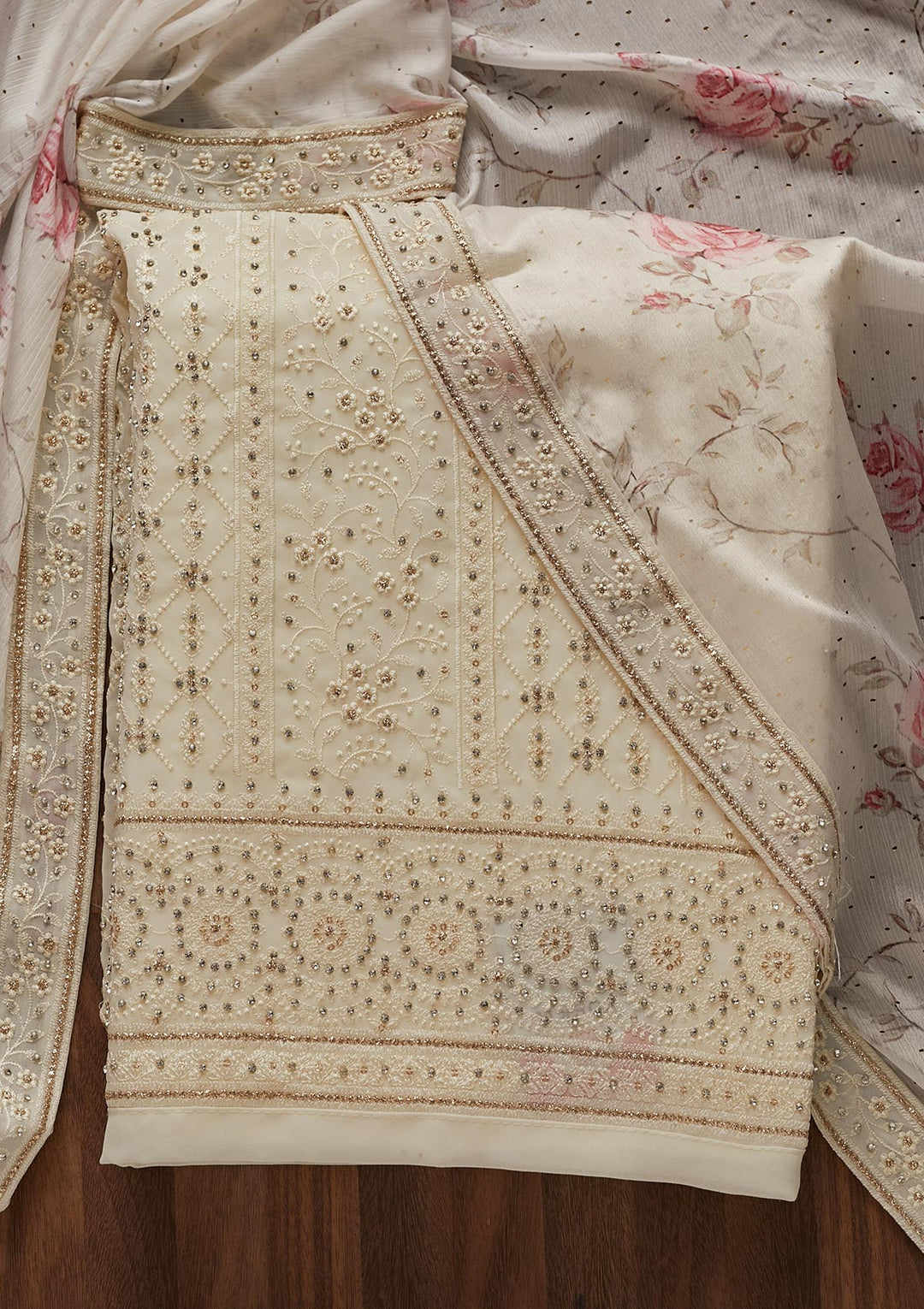 Cream Silver Stonework Georgette Designer Unstitched Salwar Suit - Koskii