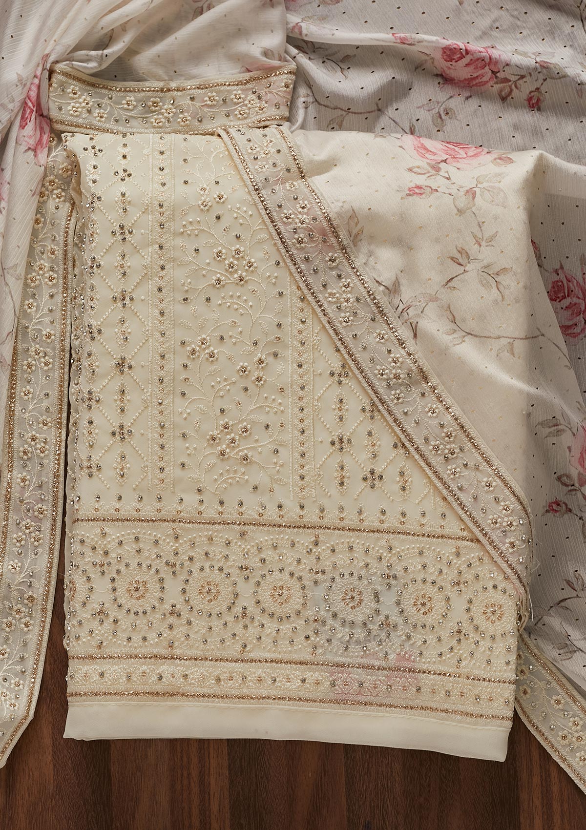 Cream Silver Stonework Georgette Designer Unstitched Salwar Suit - Koskii