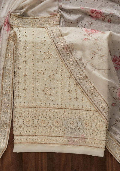 Cream Silver Stonework Georgette Designer Unstitched Salwar Suit - Koskii