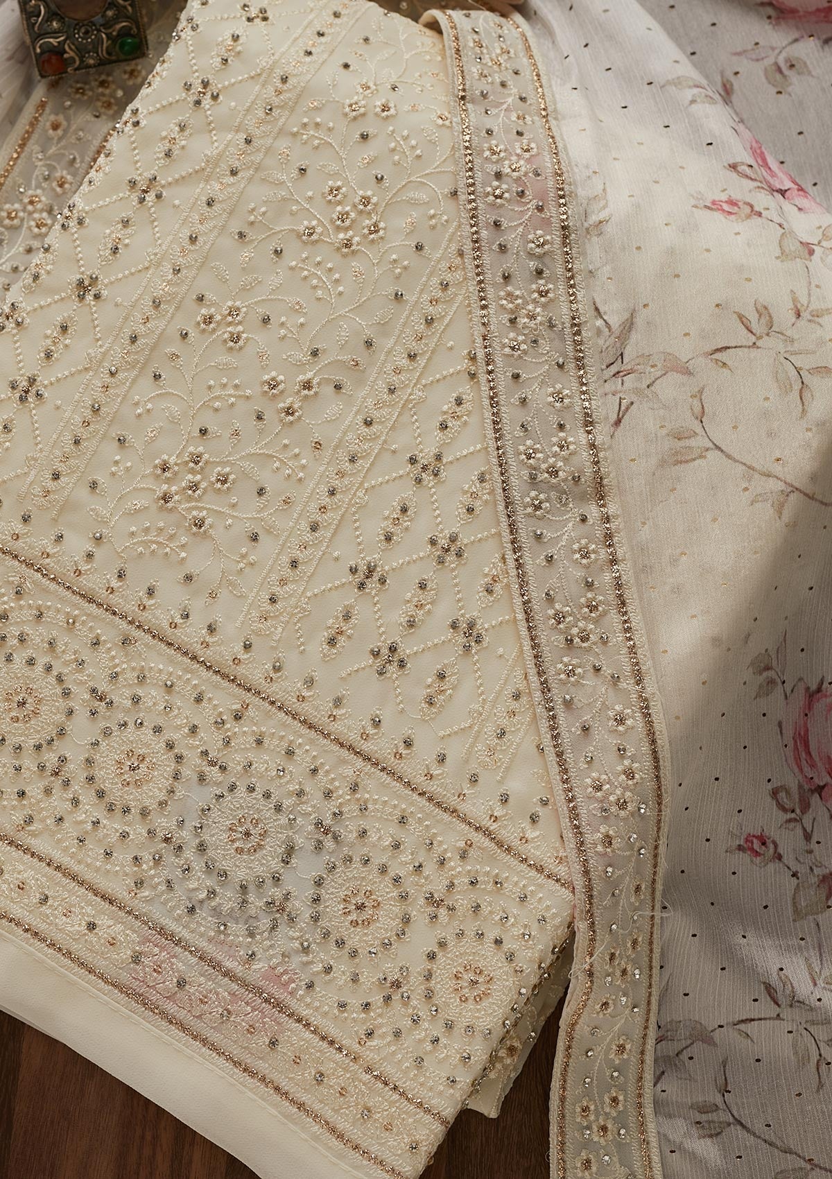 Cream Silver Stonework Georgette Designer Unstitched Salwar Suit - Koskii