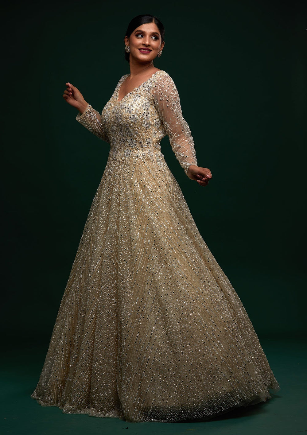 Cream Silver Stonework Net Designer Gown - Koskii