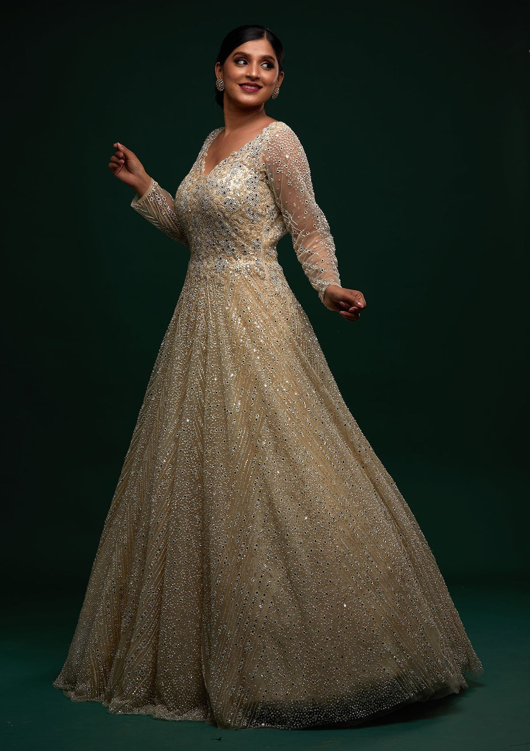 Cream Silver Stonework Net Designer Gown - Koskii