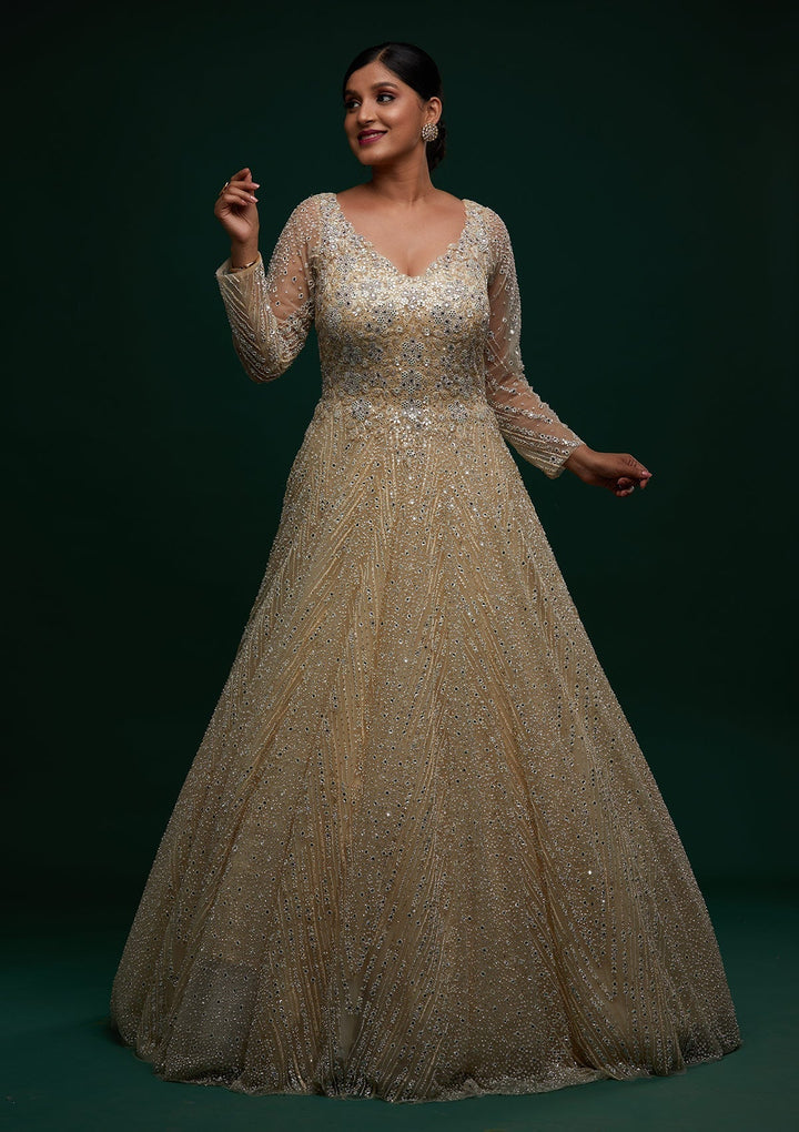 Cream Silver Stonework Net Designer Gown - Koskii