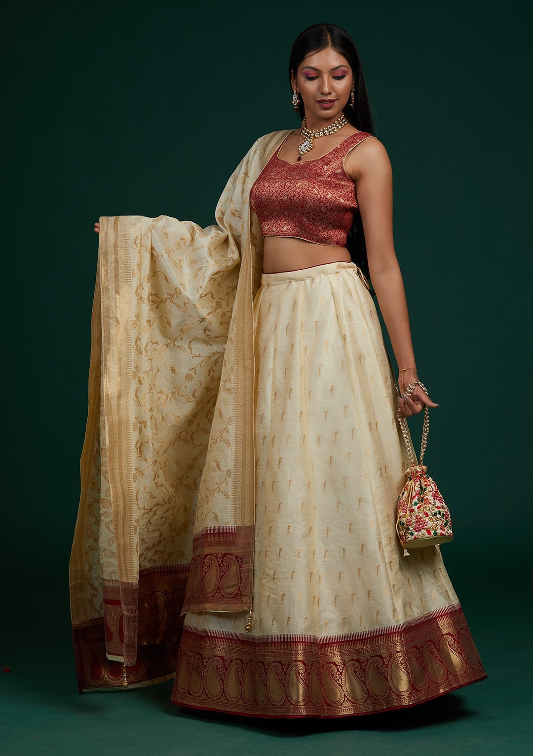 Cream Stonework Brocade Designer Lehenga-Koskii