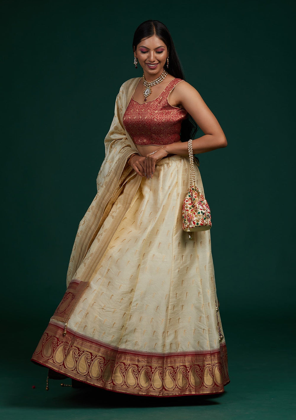 Cream Stonework Brocade Designer Lehenga-Koskii