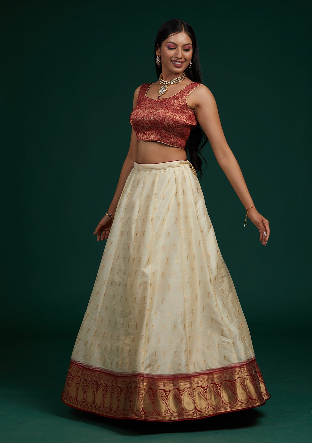 Cream Stonework Brocade Designer Lehenga-Koskii