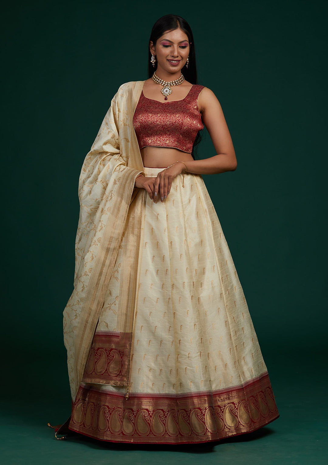 Cream Stonework Brocade Designer Lehenga-Koskii