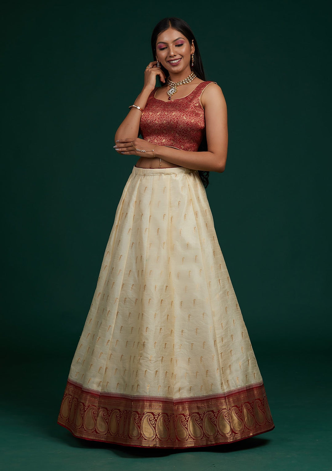 Cream Stonework Brocade Designer Lehenga-Koskii