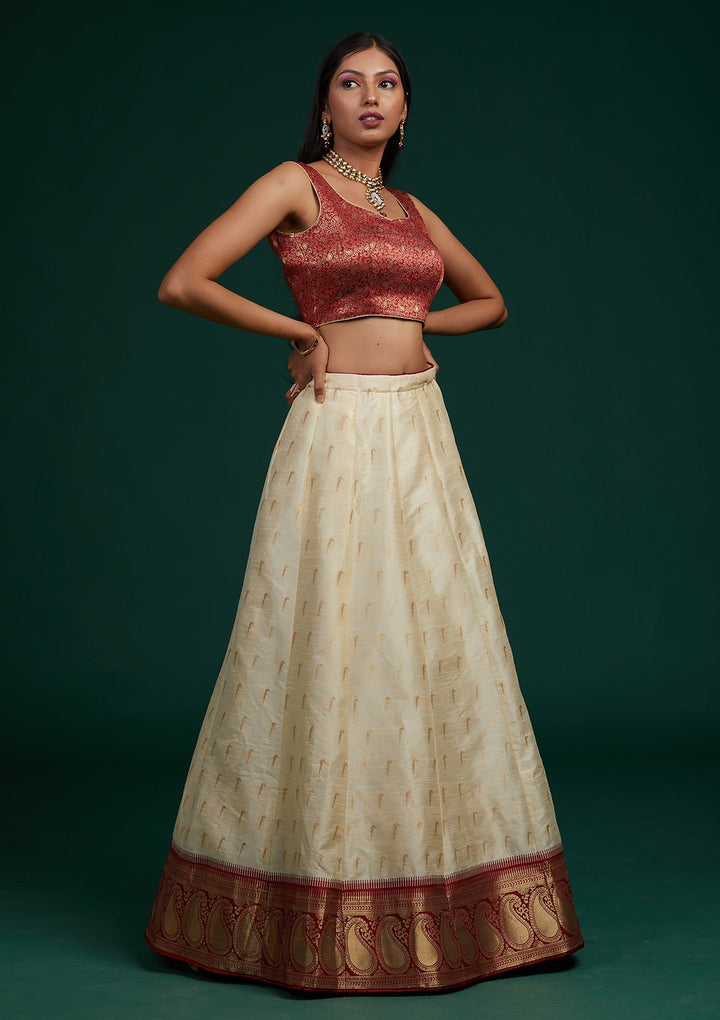 Cream Stonework Brocade Designer Lehenga-Koskii