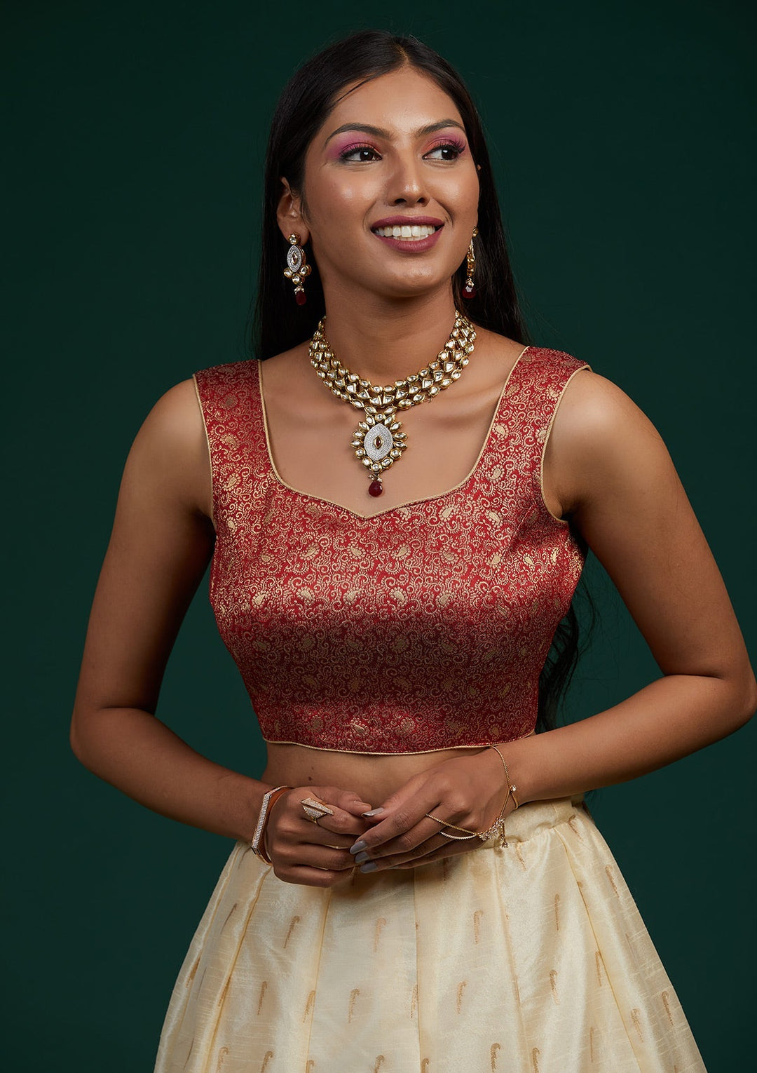 Cream Stonework Brocade Designer Lehenga-Koskii