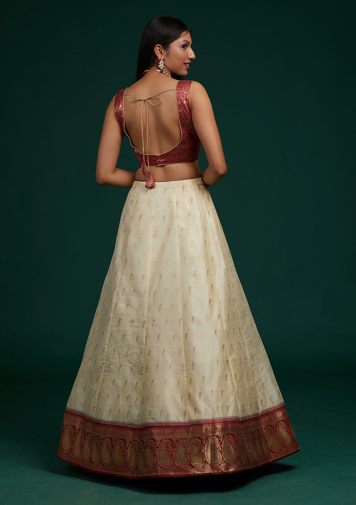 Cream Stonework Brocade Designer Lehenga-Koskii