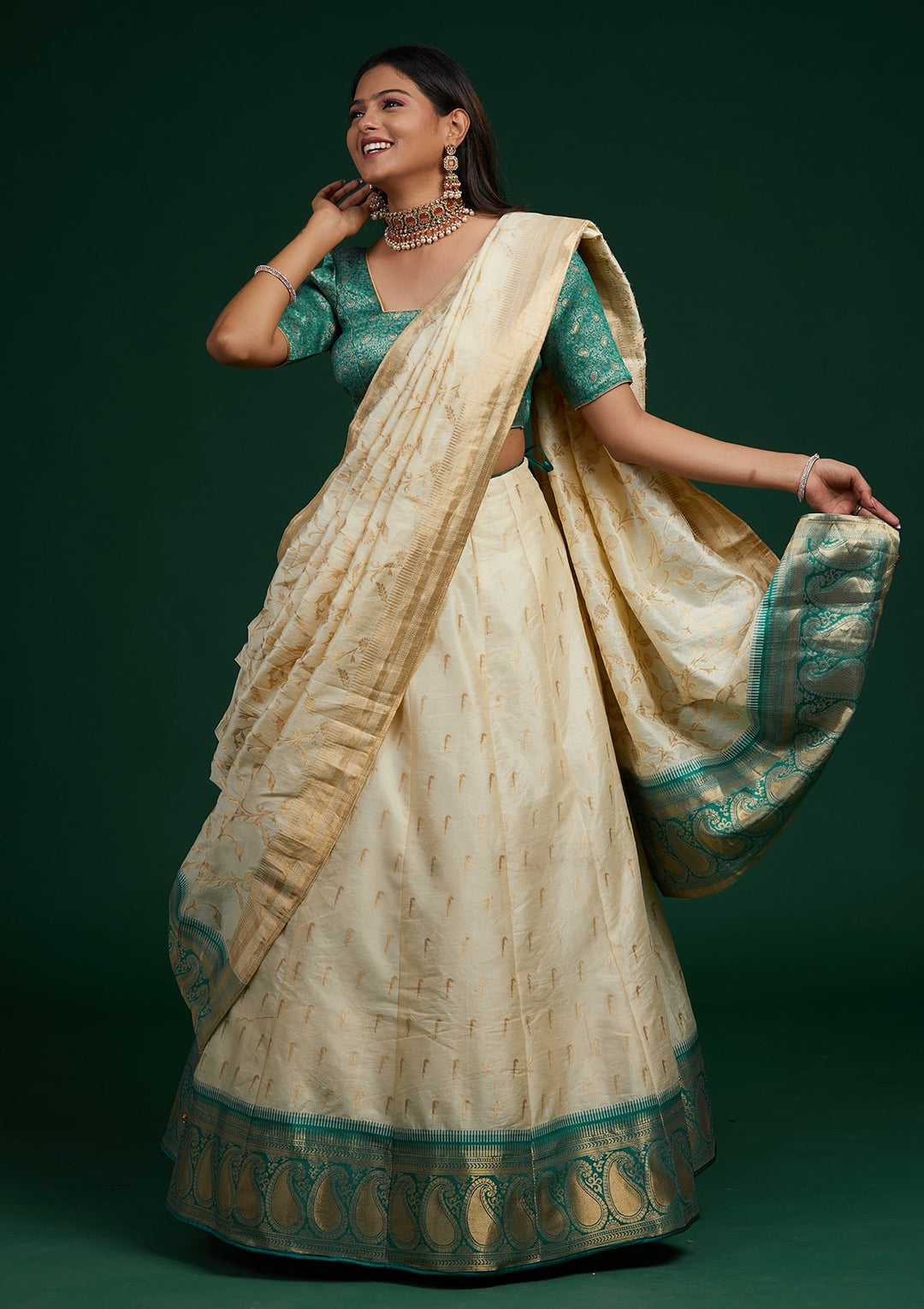 Cream Stonework Brocade Designer Lehenga-Koskii