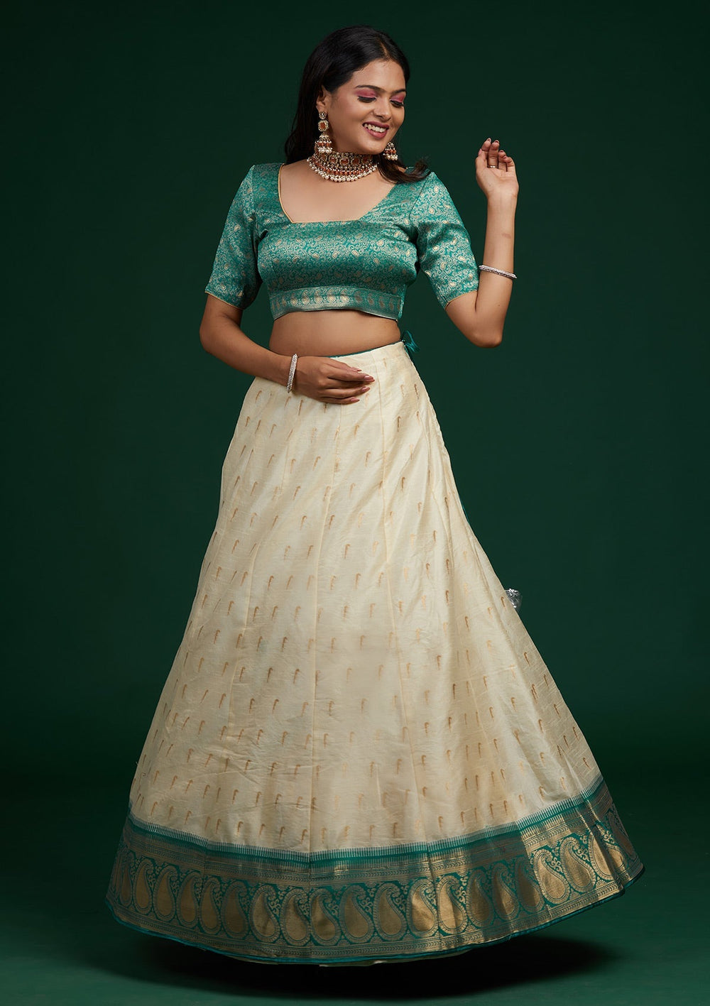 Cream Stonework Brocade Designer Lehenga-Koskii