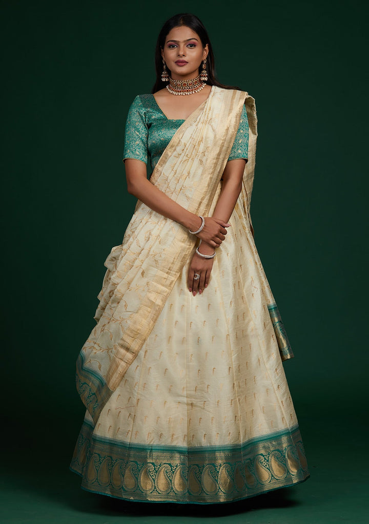 Cream Stonework Brocade Designer Lehenga-Koskii