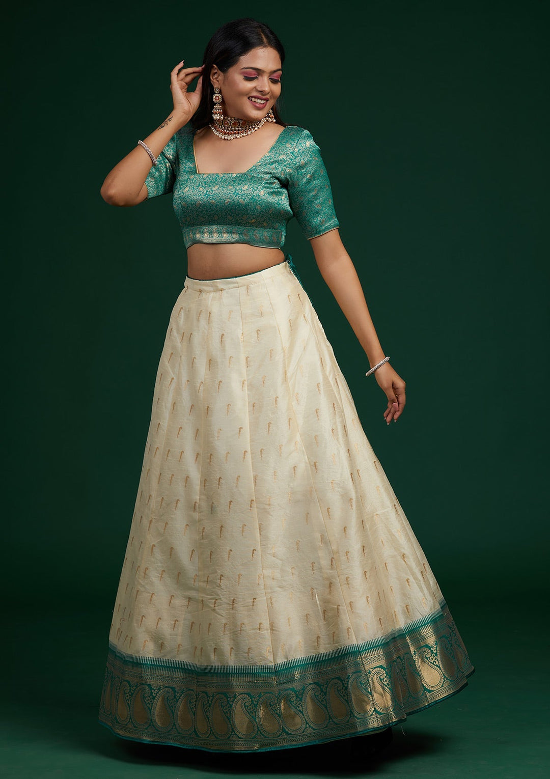 Cream Stonework Brocade Designer Lehenga-Koskii