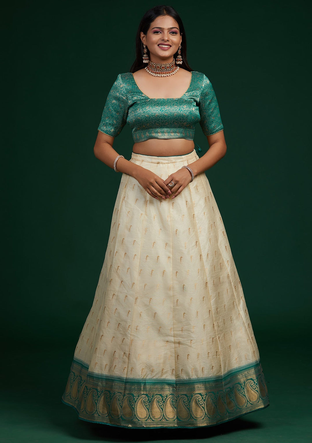 Cream Stonework Brocade Designer Lehenga-Koskii
