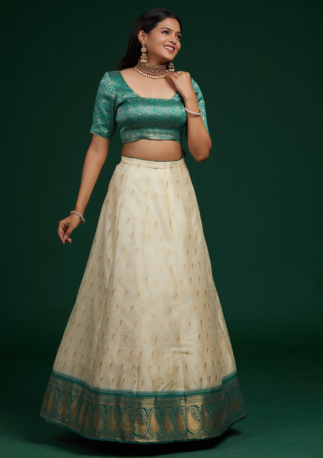 Cream Stonework Brocade Designer Lehenga-Koskii