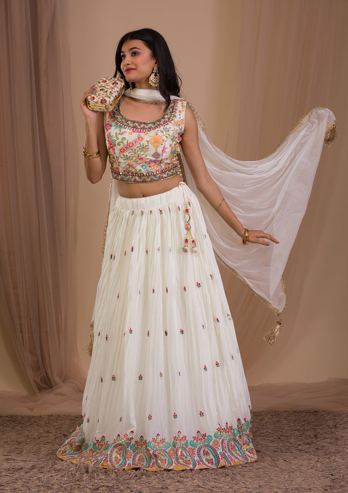 Cream Stonework Semi Crepe Readymade Lehenga-Koskii
