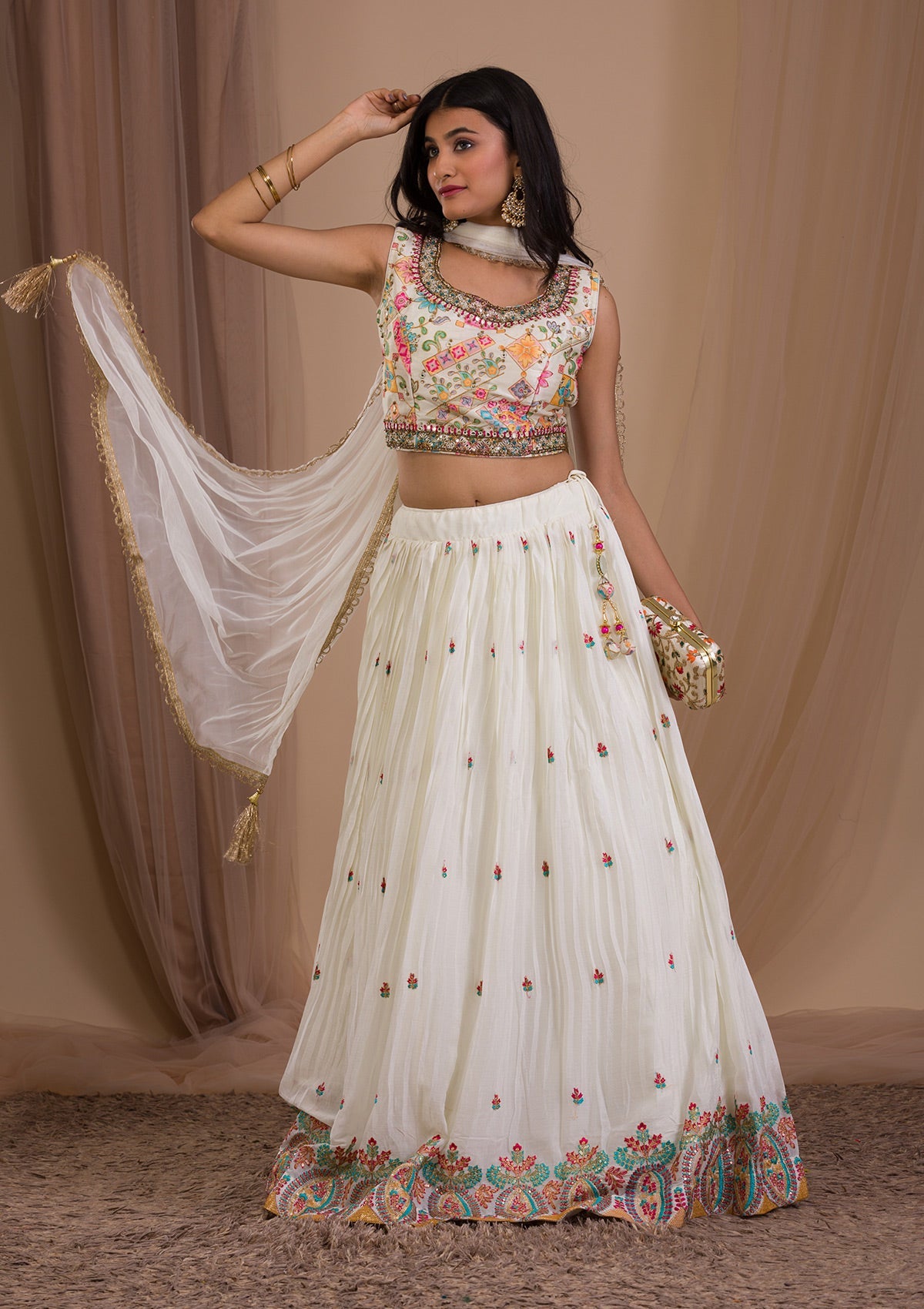 Cream Stonework Semi Crepe Readymade Lehenga-Koskii