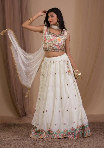 Cream Stonework Semi Crepe Readymade Lehenga-Koskii