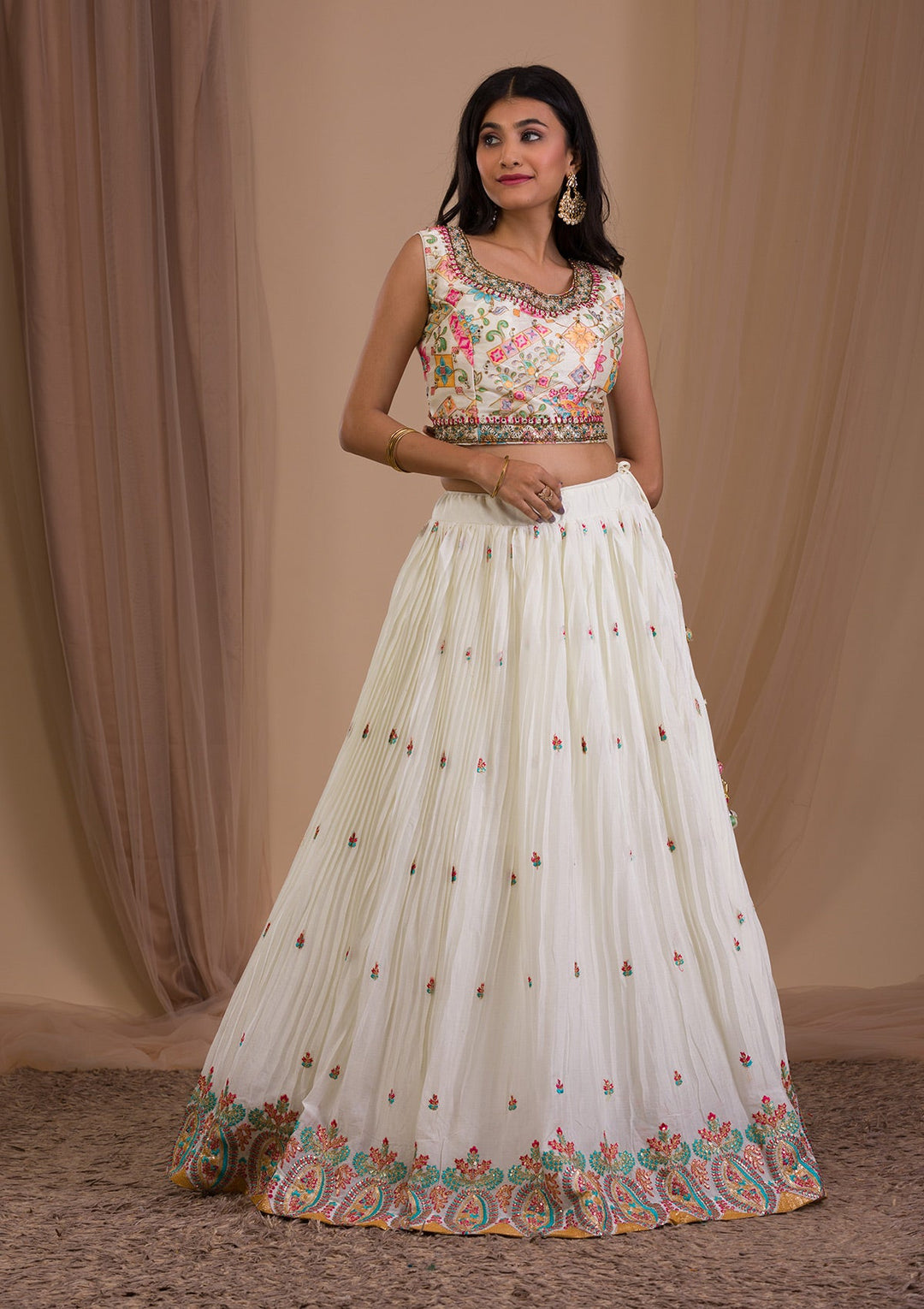 Cream Stonework Semi Crepe Readymade Lehenga-Koskii
