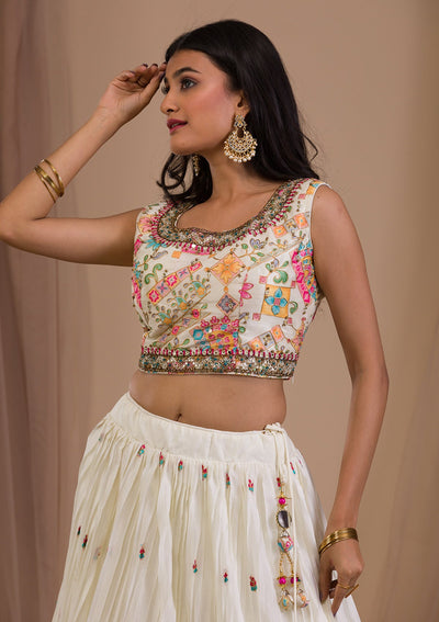 Cream Stonework Semi Crepe Readymade Lehenga-Koskii