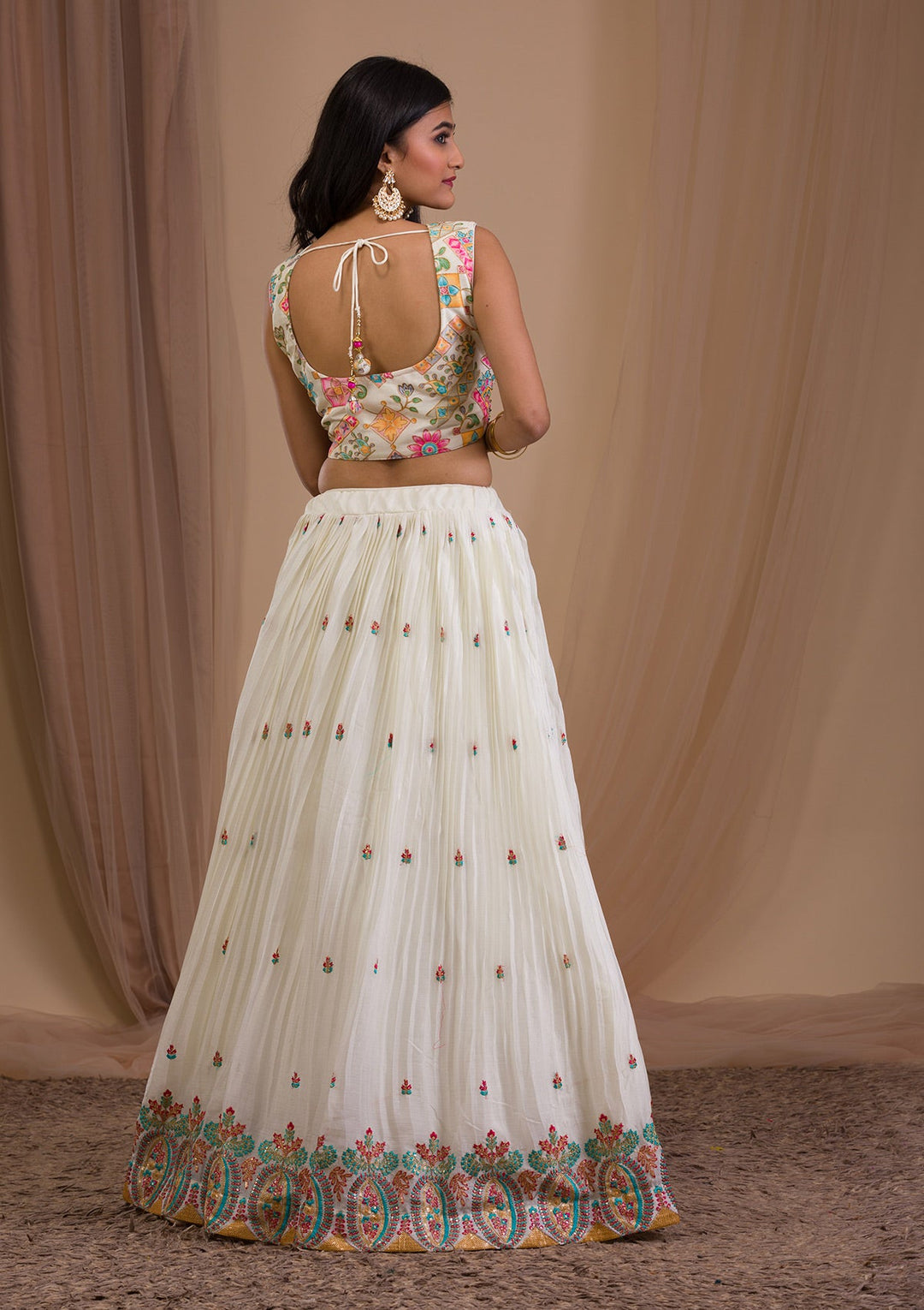 Cream Stonework Semi Crepe Readymade Lehenga-Koskii