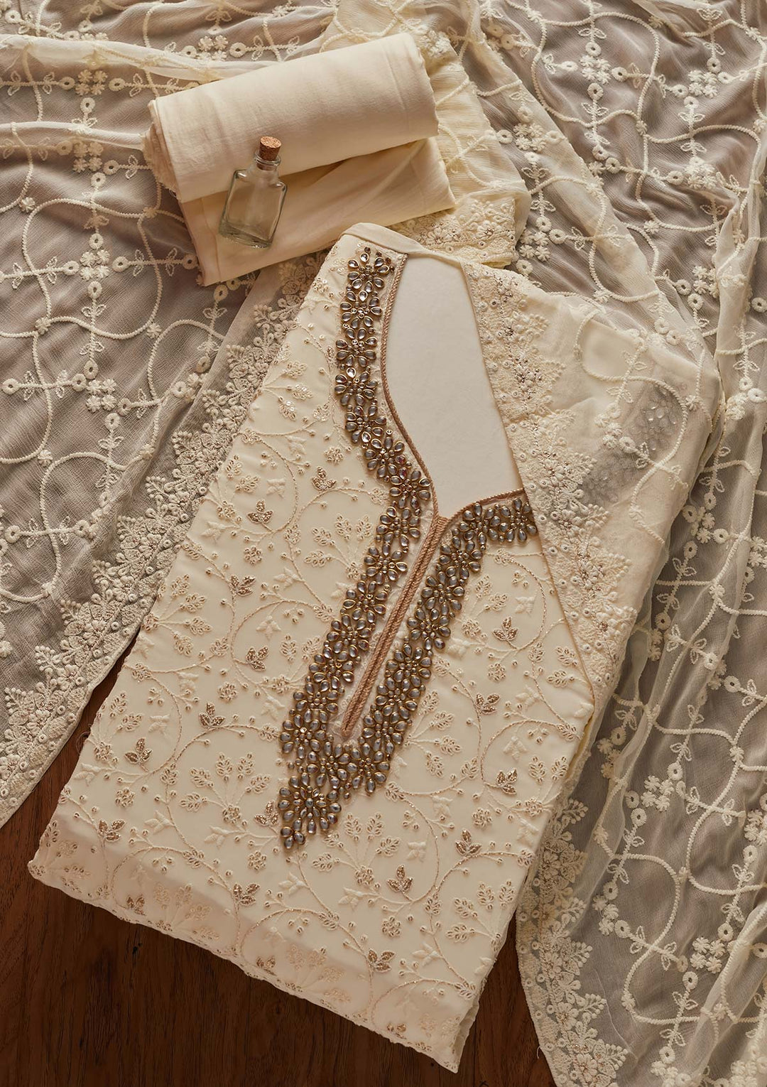 Cream Stonework Georgette Designer Unstitched Salwar Suit - koskii
