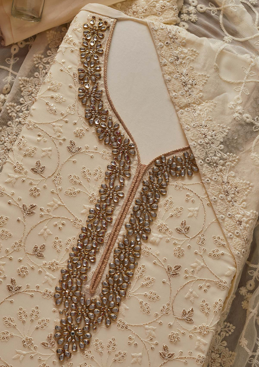 Cream Stonework Georgette Designer Unstitched Salwar Suit - koskii