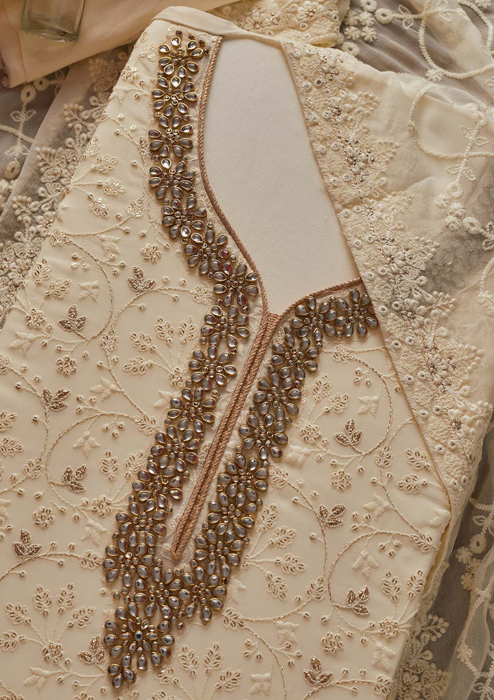 Cream Stonework Georgette Designer Unstitched Salwar Suit - koskii