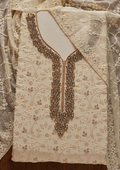 Cream Stonework Georgette Designer Unstitched Salwar Suit - koskii