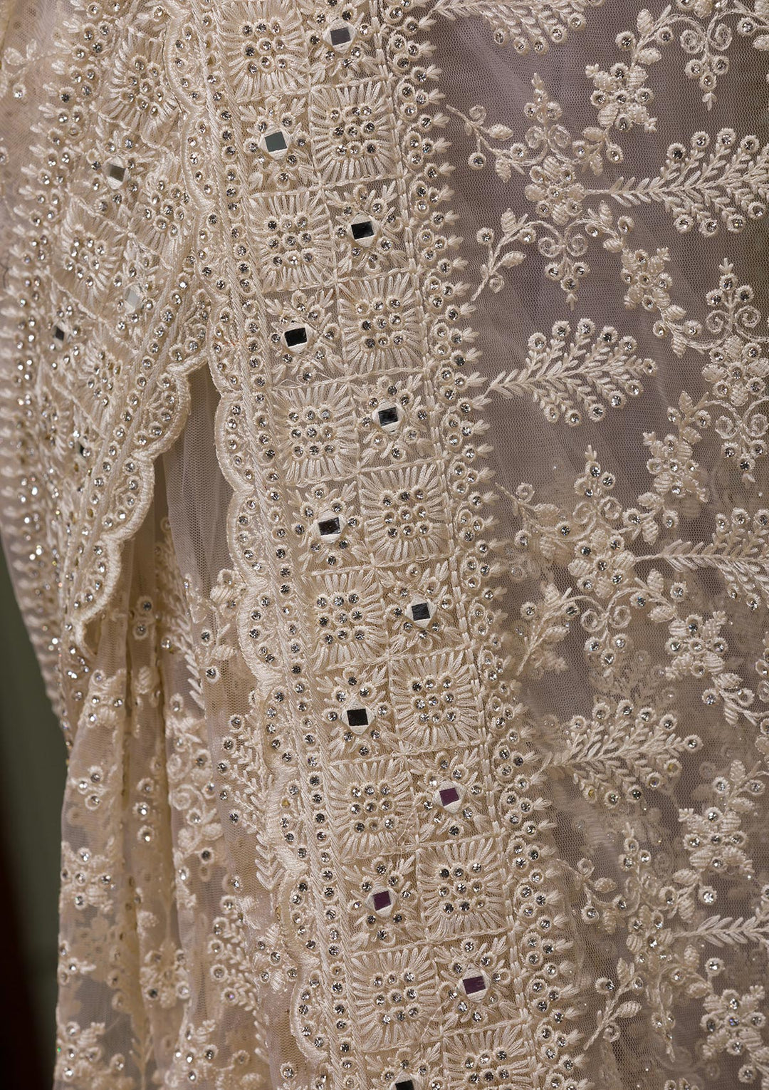 Cream Stonework Net Saree-Koskii