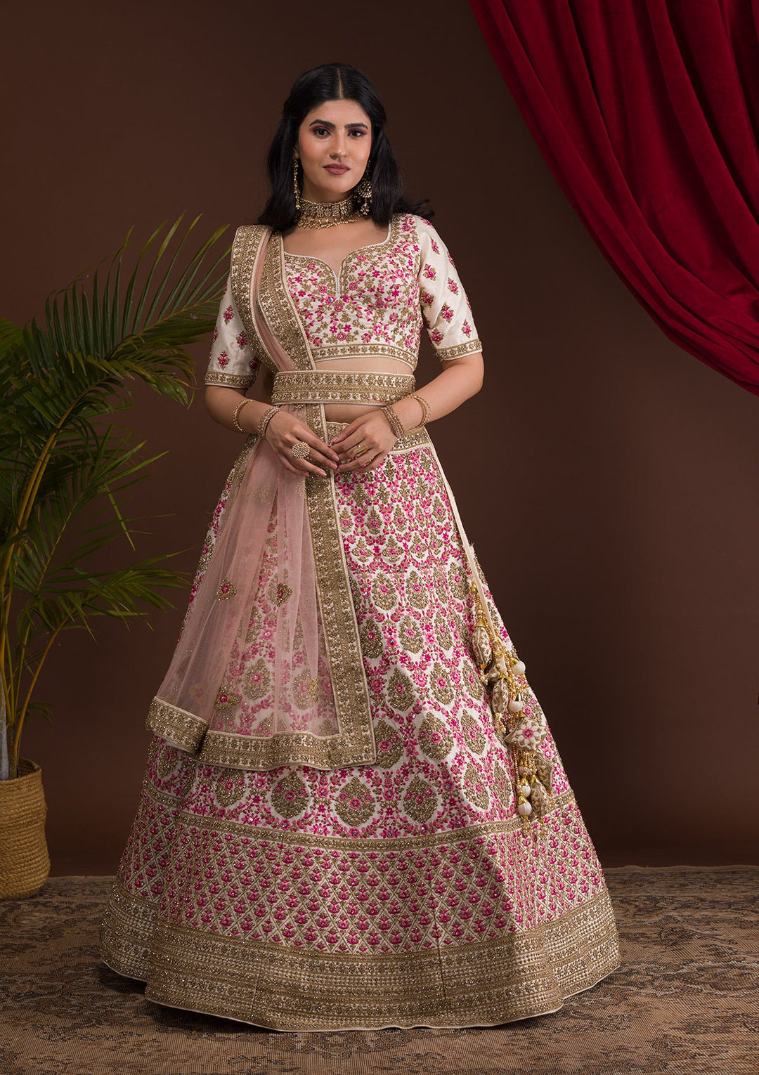 Cream Stonework Raw Silk Designer Lehenga-Koskii