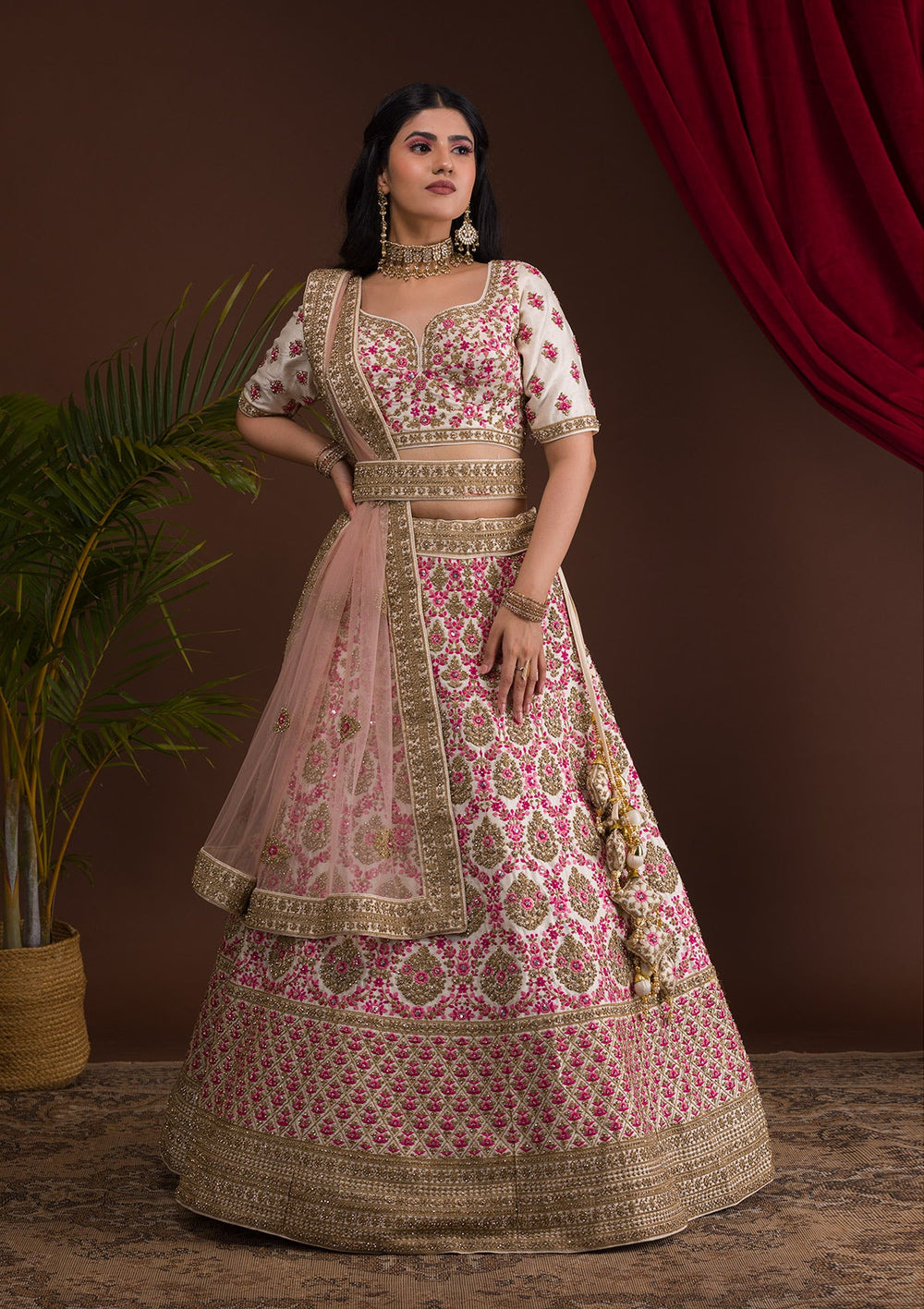 Cream Stonework Raw Silk Readymade Lehenga-Koskii