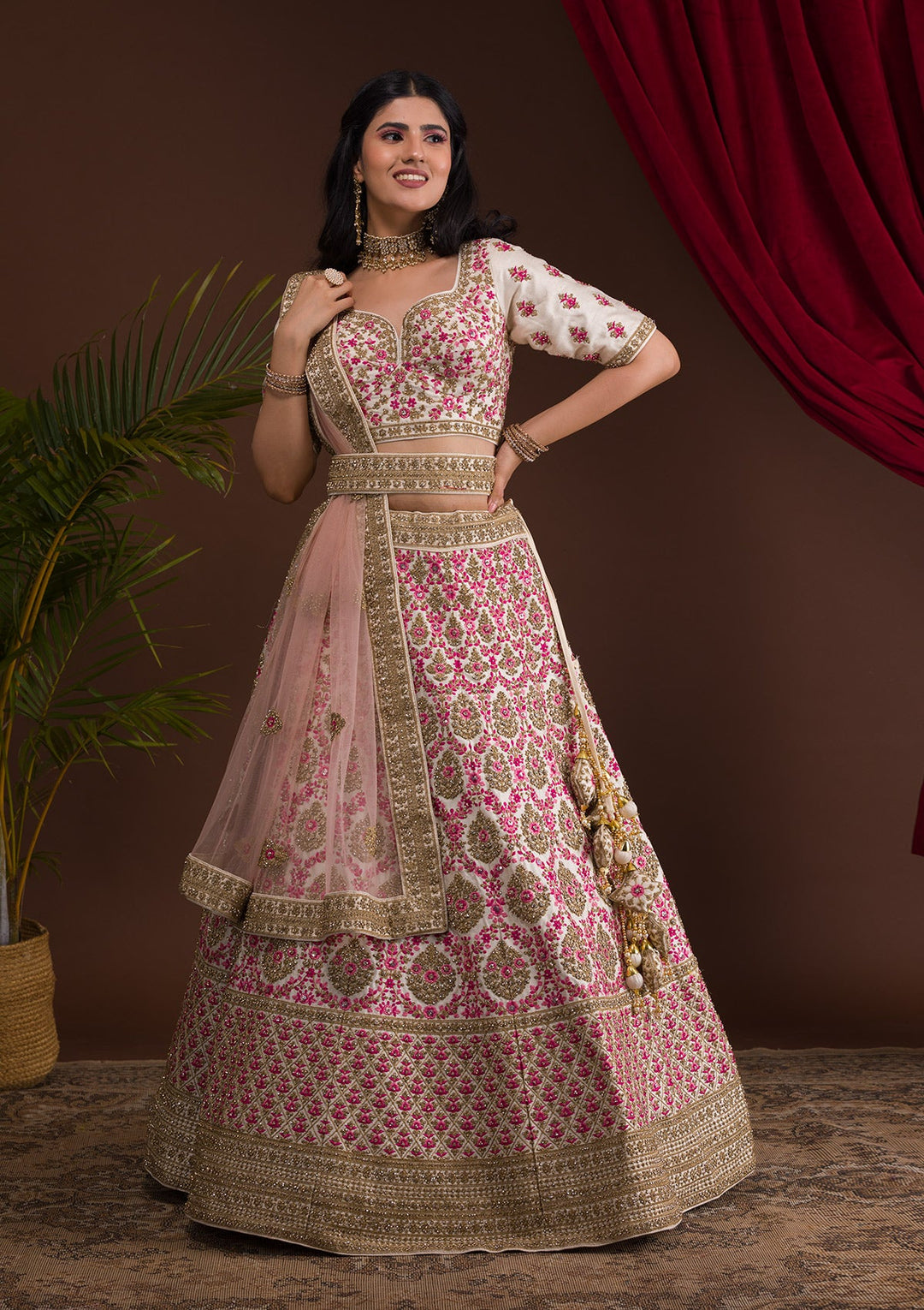 Cream Stonework Raw Silk Readymade Lehenga-Koskii