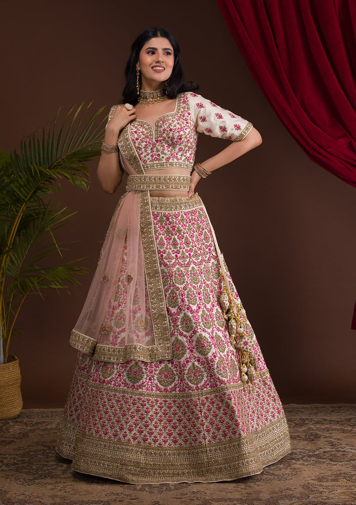 Cream Stonework Raw Silk Readymade Lehenga-Koskii