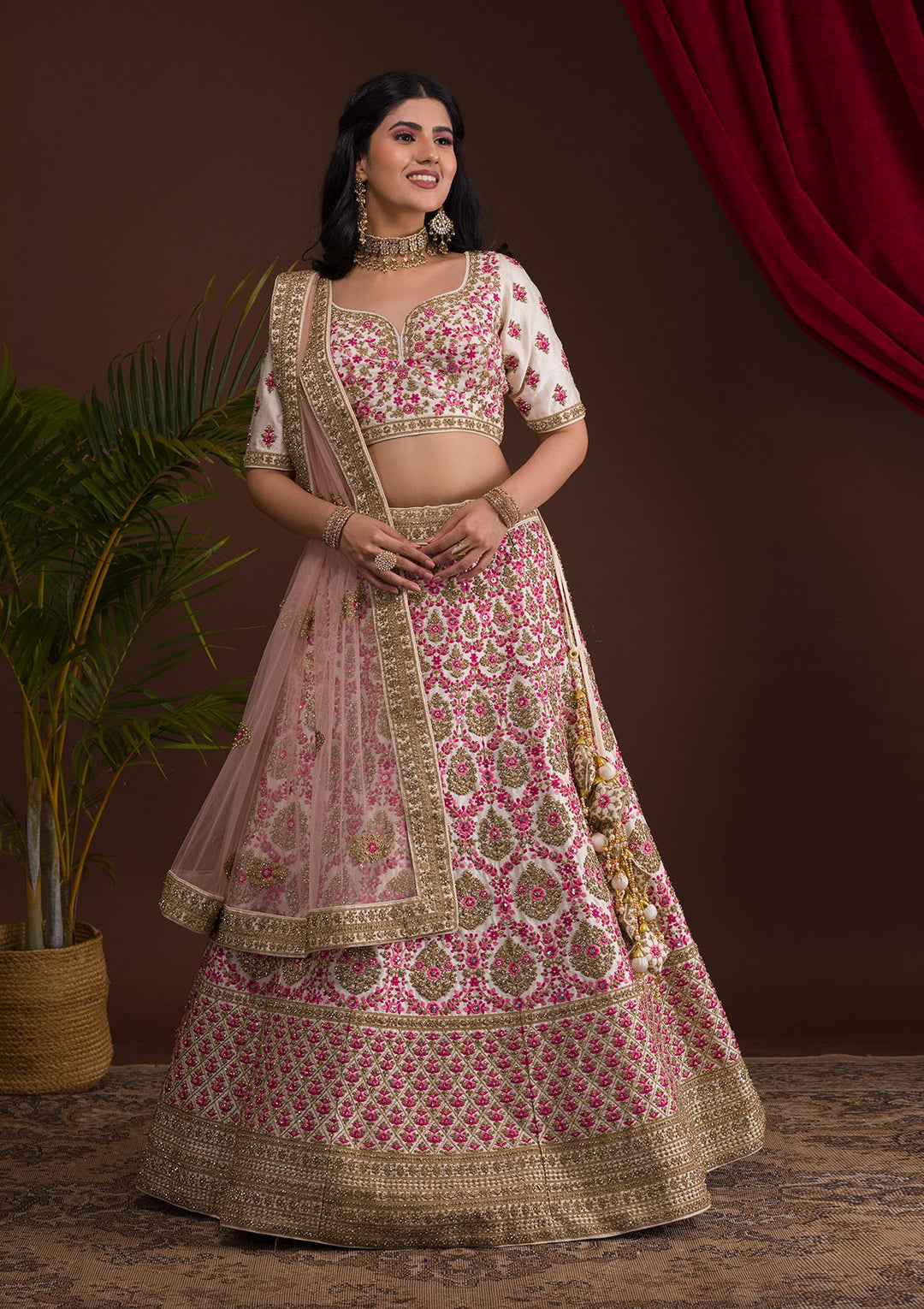 Cream Stonework Raw Silk Readymade Lehenga-Koskii
