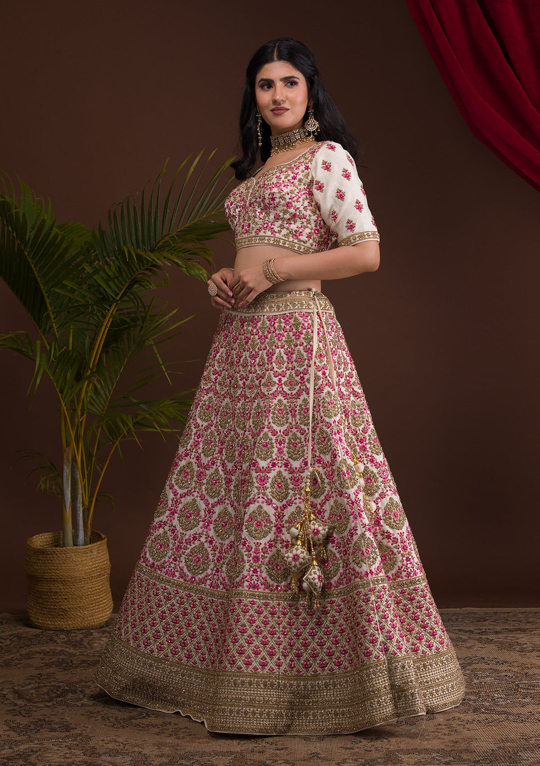 Cream Stonework Raw Silk Readymade Lehenga-Koskii