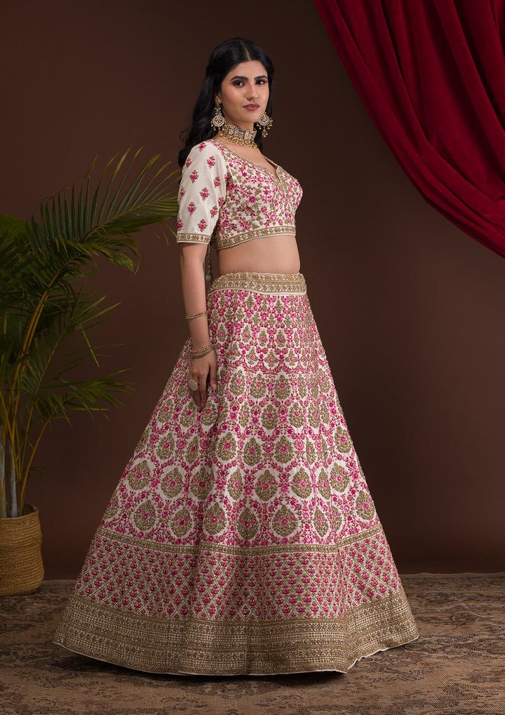 Cream Stonework Raw Silk Readymade Lehenga-Koskii