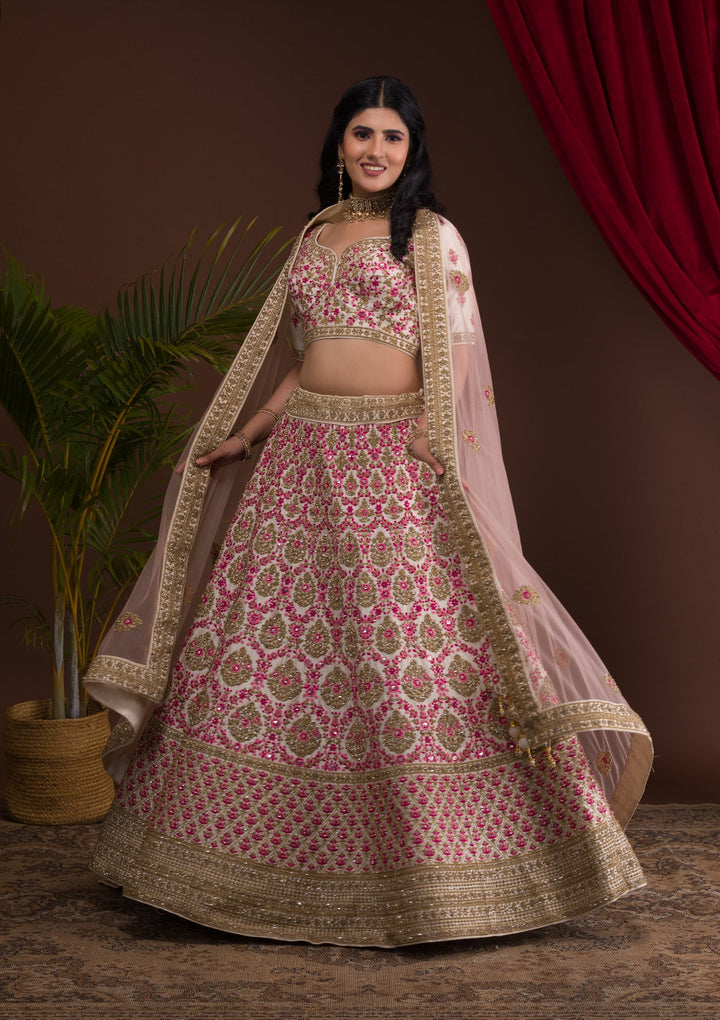 Cream Stonework Raw Silk Readymade Lehenga-Koskii