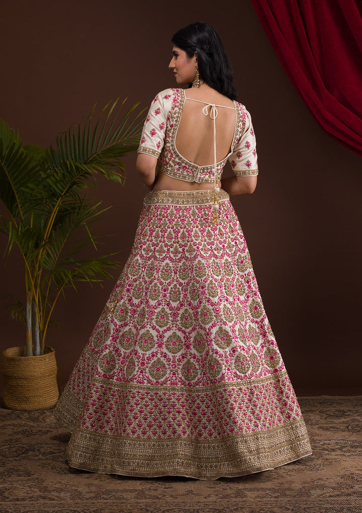 Cream Stonework Raw Silk Readymade Lehenga-Koskii